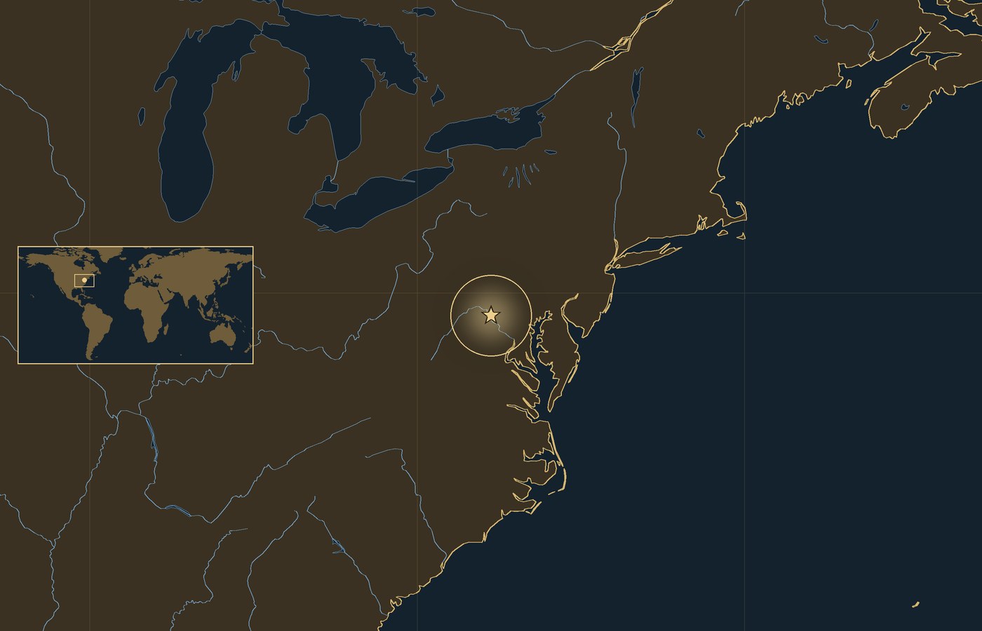 Dark locator map with a gold star in a glowing circle marking the approximate site of the Battle of Antietam, the coasts, rivers and lakes of the region, and a small world map inset with the area boxed