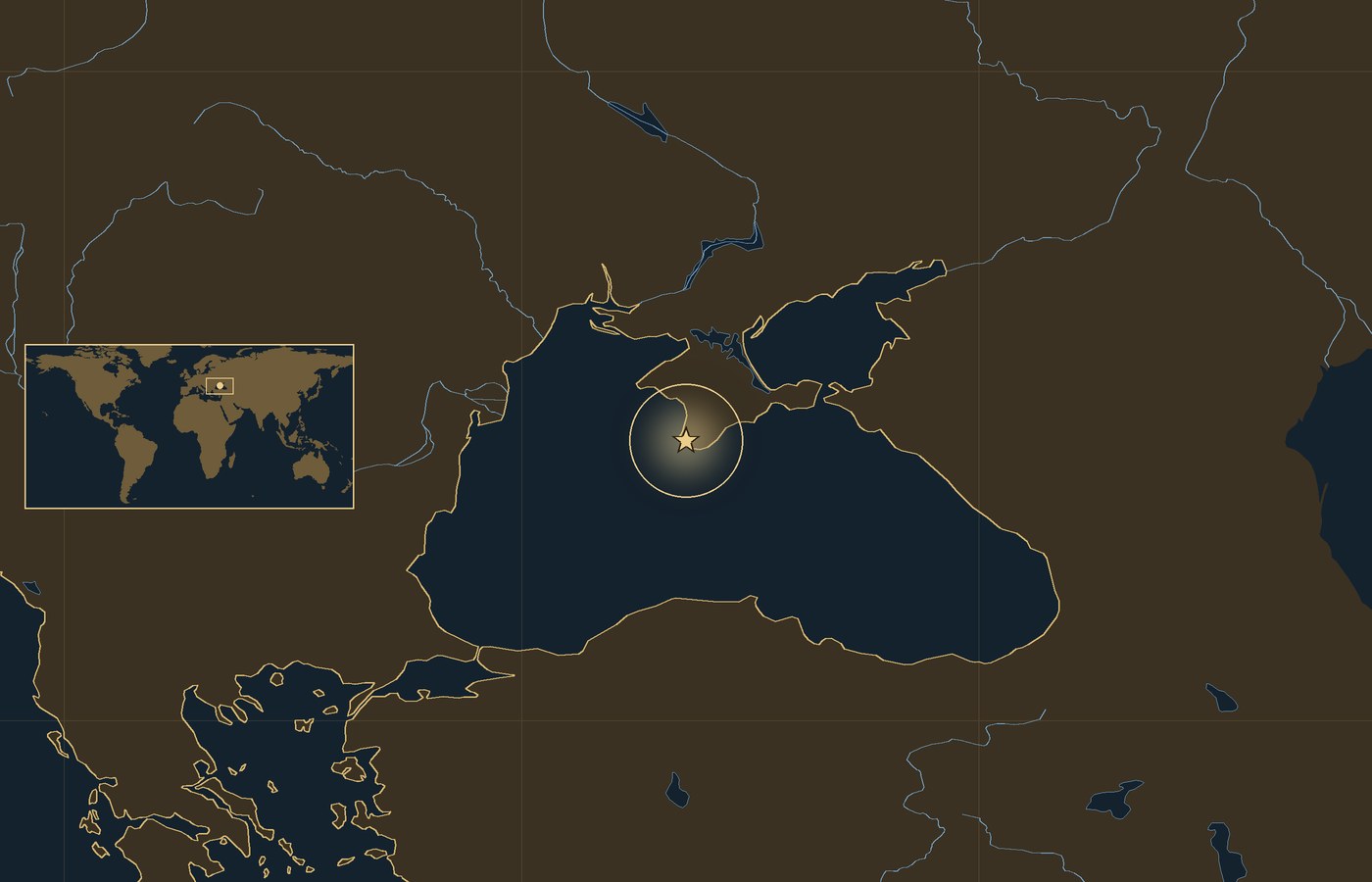 Dark locator map with a gold star in a glowing circle marking the approximate site of the Battle of Balaclava, the coasts, rivers and lakes of the region, and a small world map inset with the area boxed