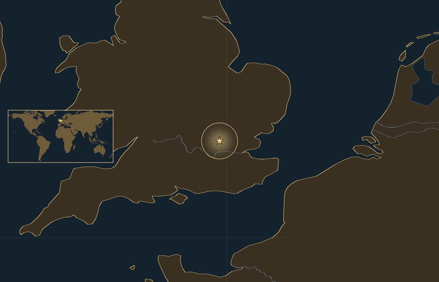Dark locator map with a gold star in a glowing circle marking the approximate site of Battle of Barnet, the coasts, rivers and lakes of the region, and a small world map inset with the area boxed