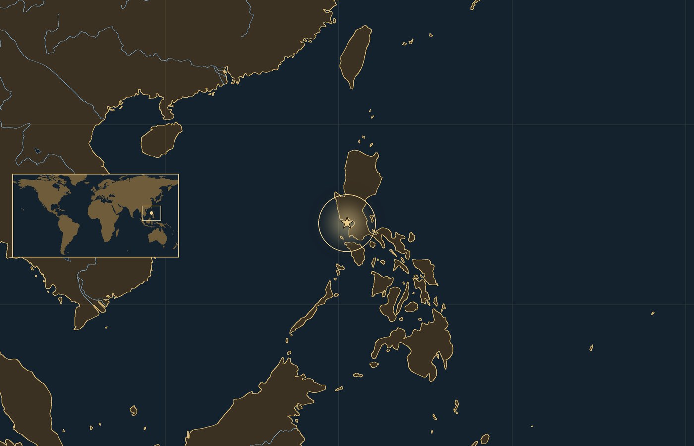 Dark locator map with a gold star in a glowing circle marking the approximate center of the fighting of Battle of Bataan, the coasts, rivers and lakes of the region, and a small world map inset with the area boxed