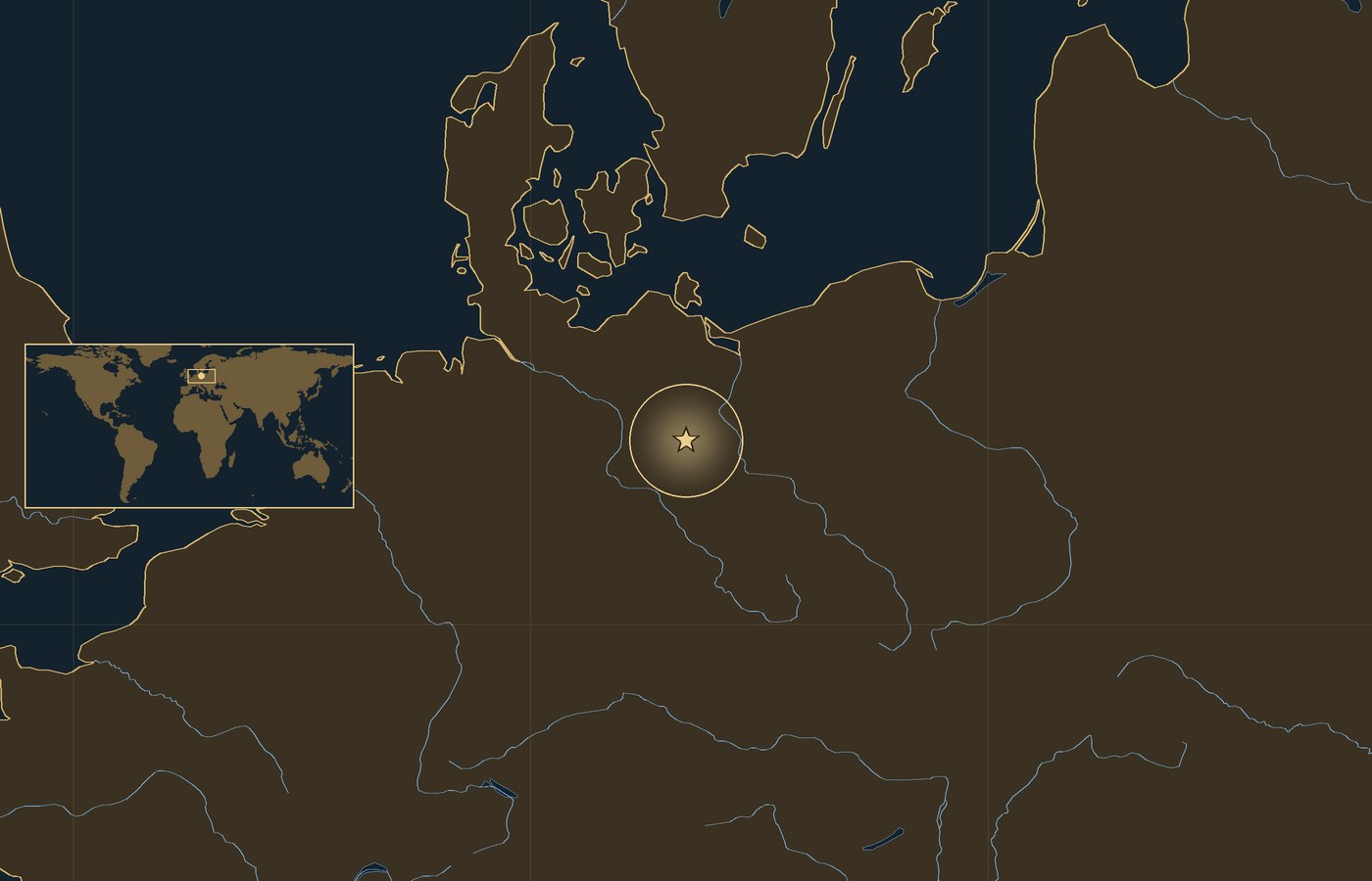 Dark locator map with a gold star in a glowing circle marking the approximate site of the Battle of Berlin, the coasts, rivers and lakes of the region, and a small world map inset with the area boxed
