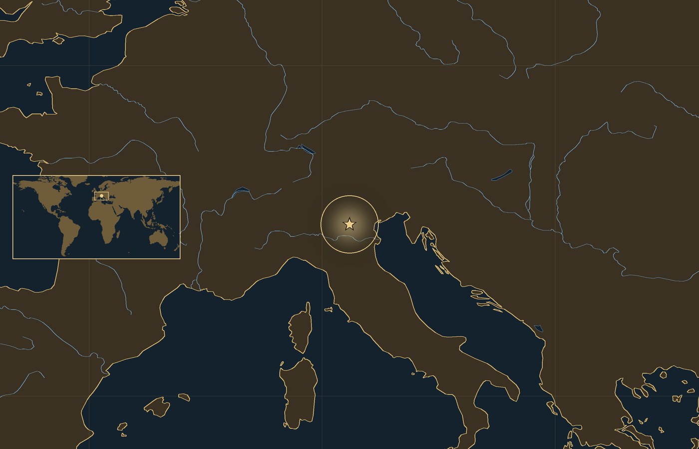 Dark locator map with a gold star in a glowing circle marking the approximate site of Battle of Caldiero, the coasts, rivers and lakes of the region, and a small world map inset with the area boxed