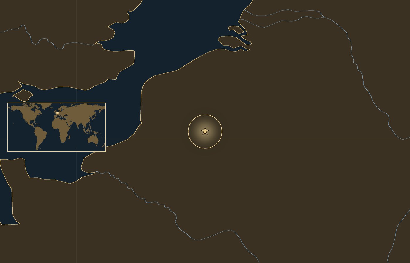 Ciemna mapa lokalizacyjna ze złotą gwiazdką w świecącym kółku, która wskazuje przybliżony środek walk: Bitwa pod Cambrai, z wybrzeżami, rzekami i jeziorami regionu oraz małą wkładką z mapą świata, na której zaznaczono ten obszar