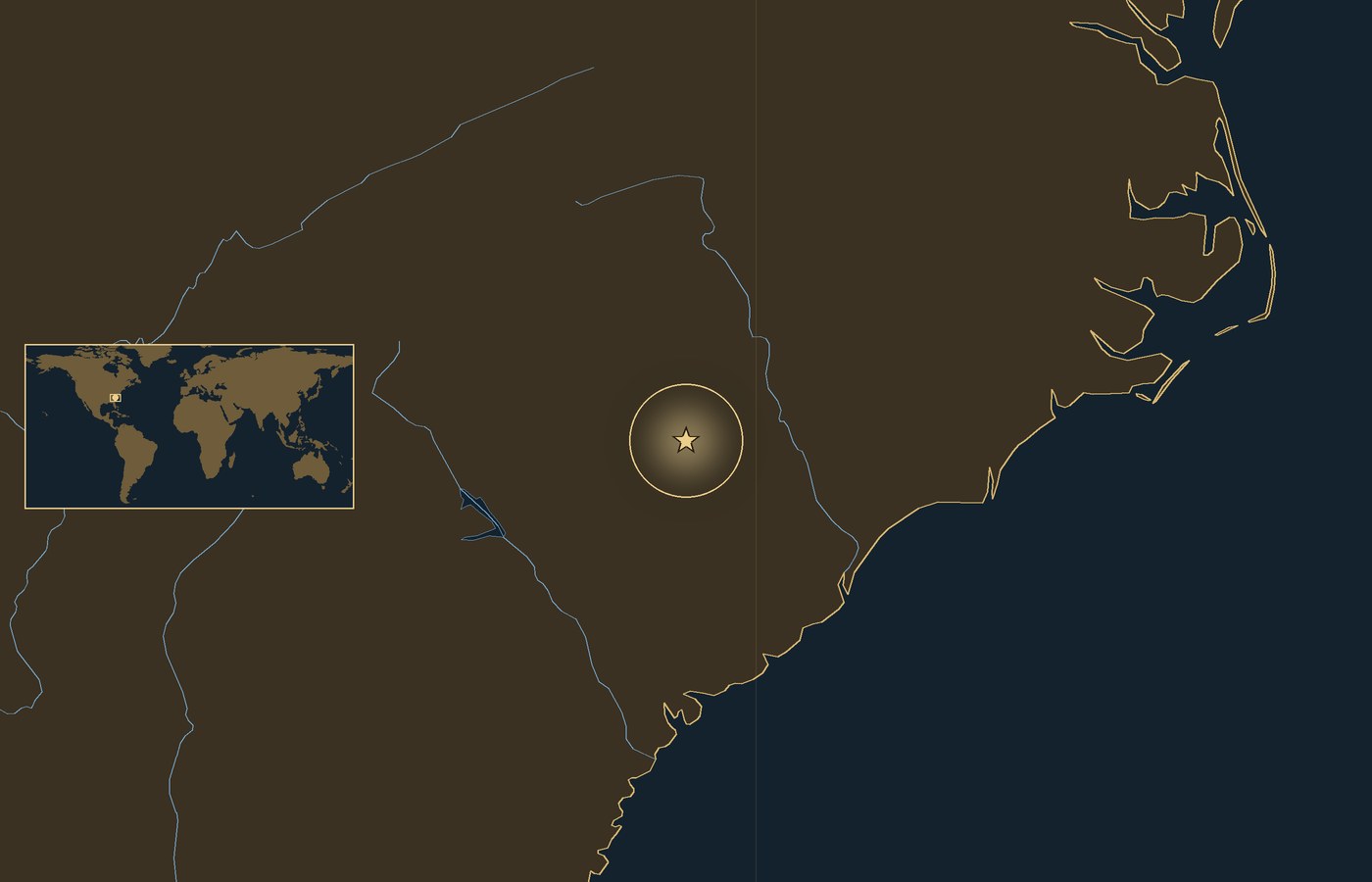 Dark locator map with a gold star in a glowing circle marking the approximate site of Battle of Camden, the coasts, rivers and lakes of the region, and a small world map inset with the area boxed