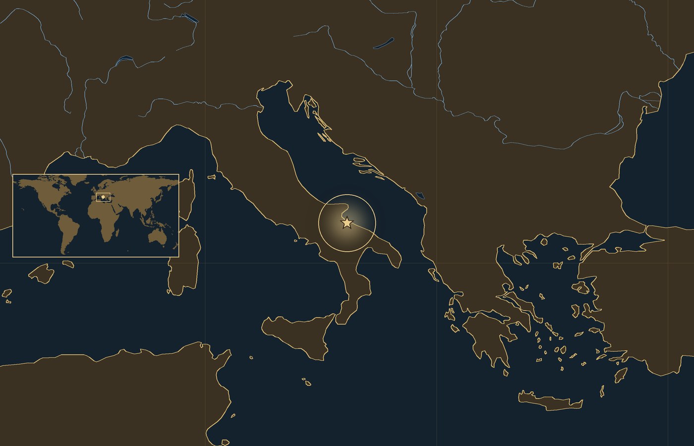 Dark locator map with a gold star in a glowing circle marking the approximate site of the Battle of Cannae, the coasts, rivers and lakes of the region, and a small world map inset with the area boxed