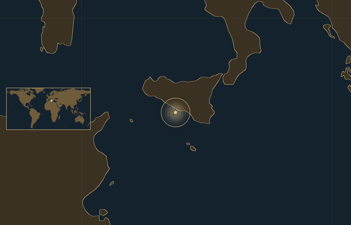 Dark locator map with a gold star in a glowing circle marking the approximate site of Battle of Cape Ecnomus, the coasts, rivers and lakes of the region, and a small world map inset with the area boxed