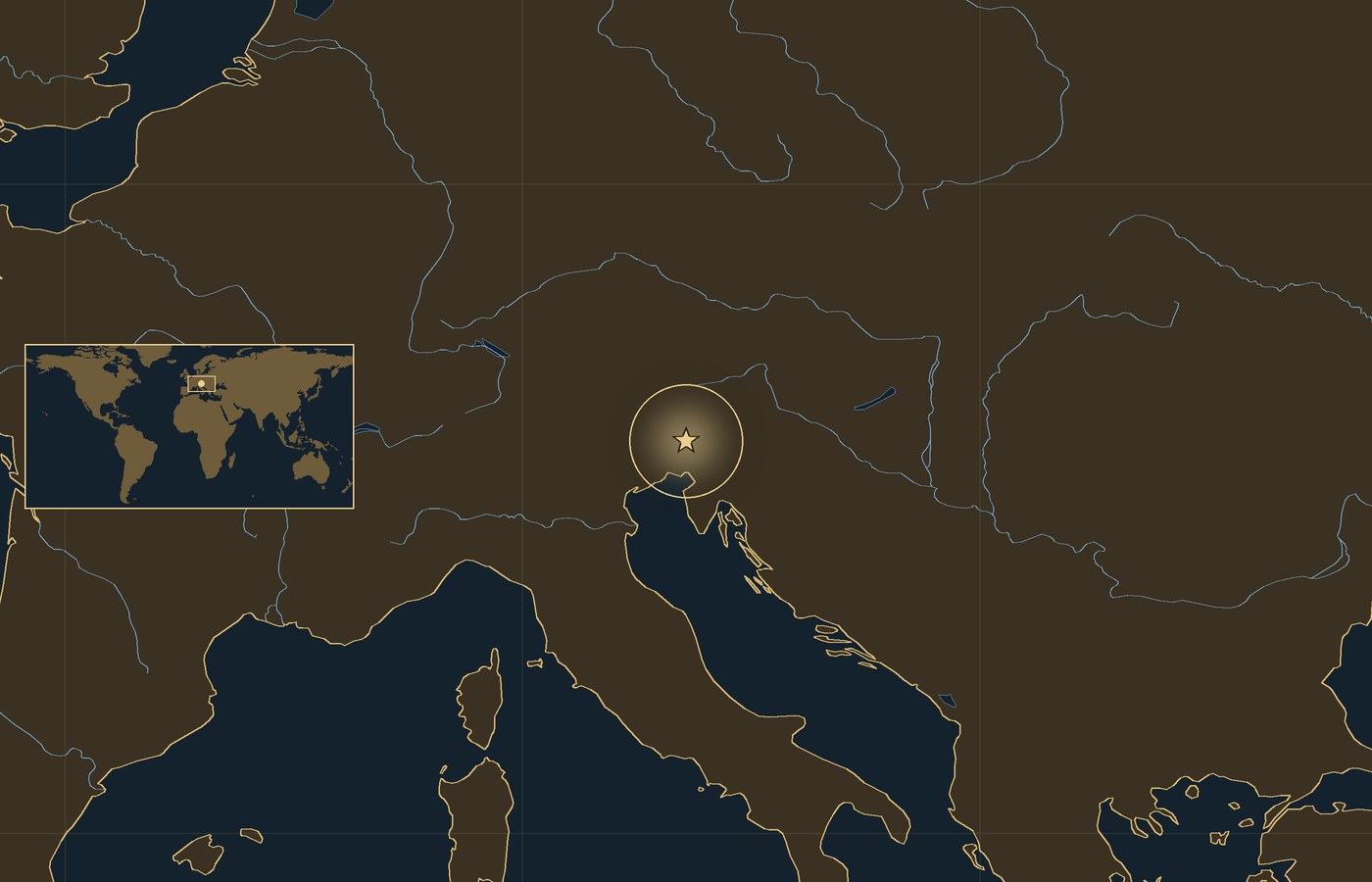 Dark locator map with a gold star in a glowing circle marking the approximate site of Battle of Caporetto, the coasts, rivers and lakes of the region, and a small world map inset with the area boxed