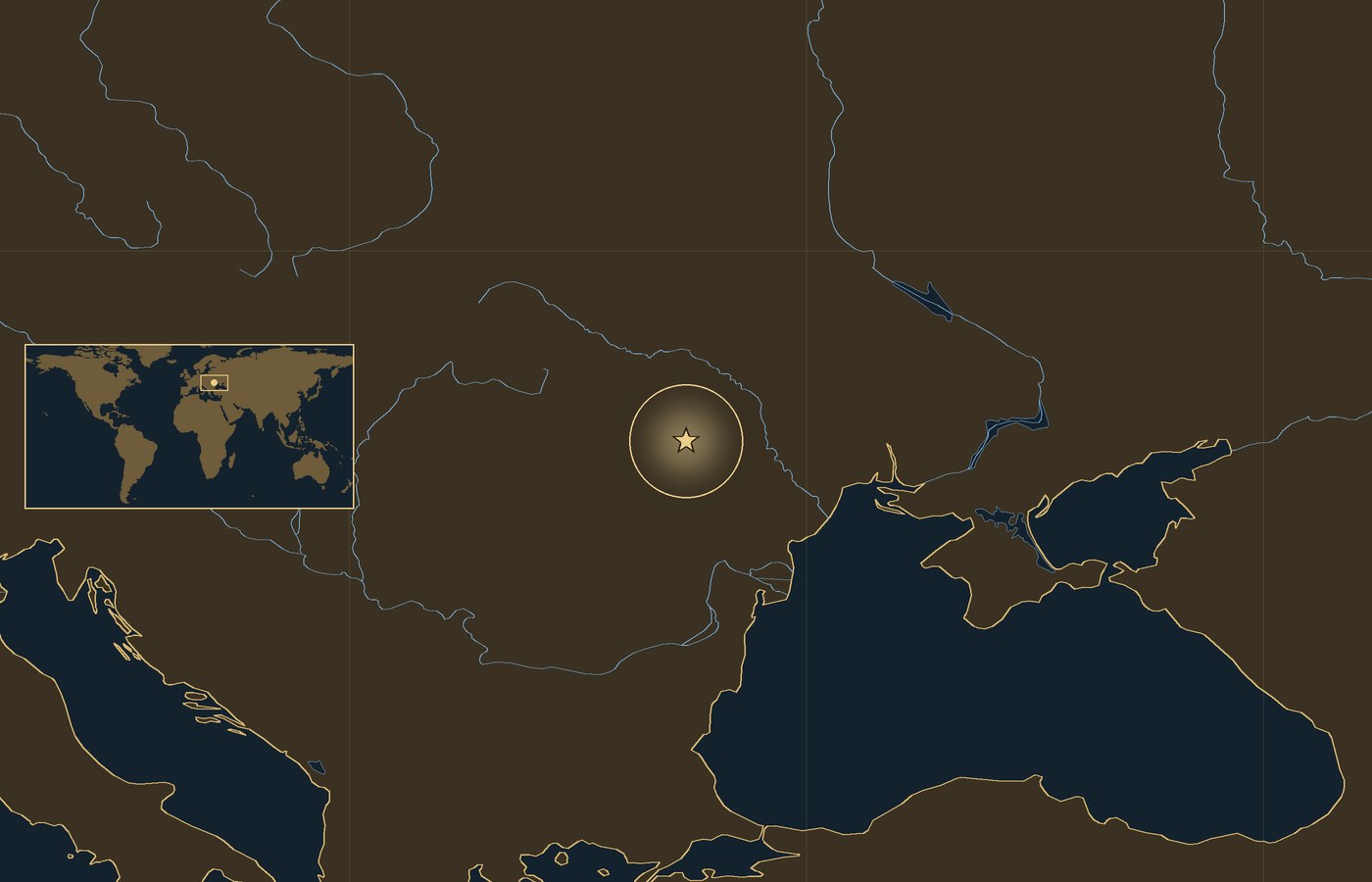 Dark locator map with a gold star in a glowing circle marking the approximate site of Battle of Cecora, the coasts, rivers and lakes of the region, and a small world map inset with the area boxed