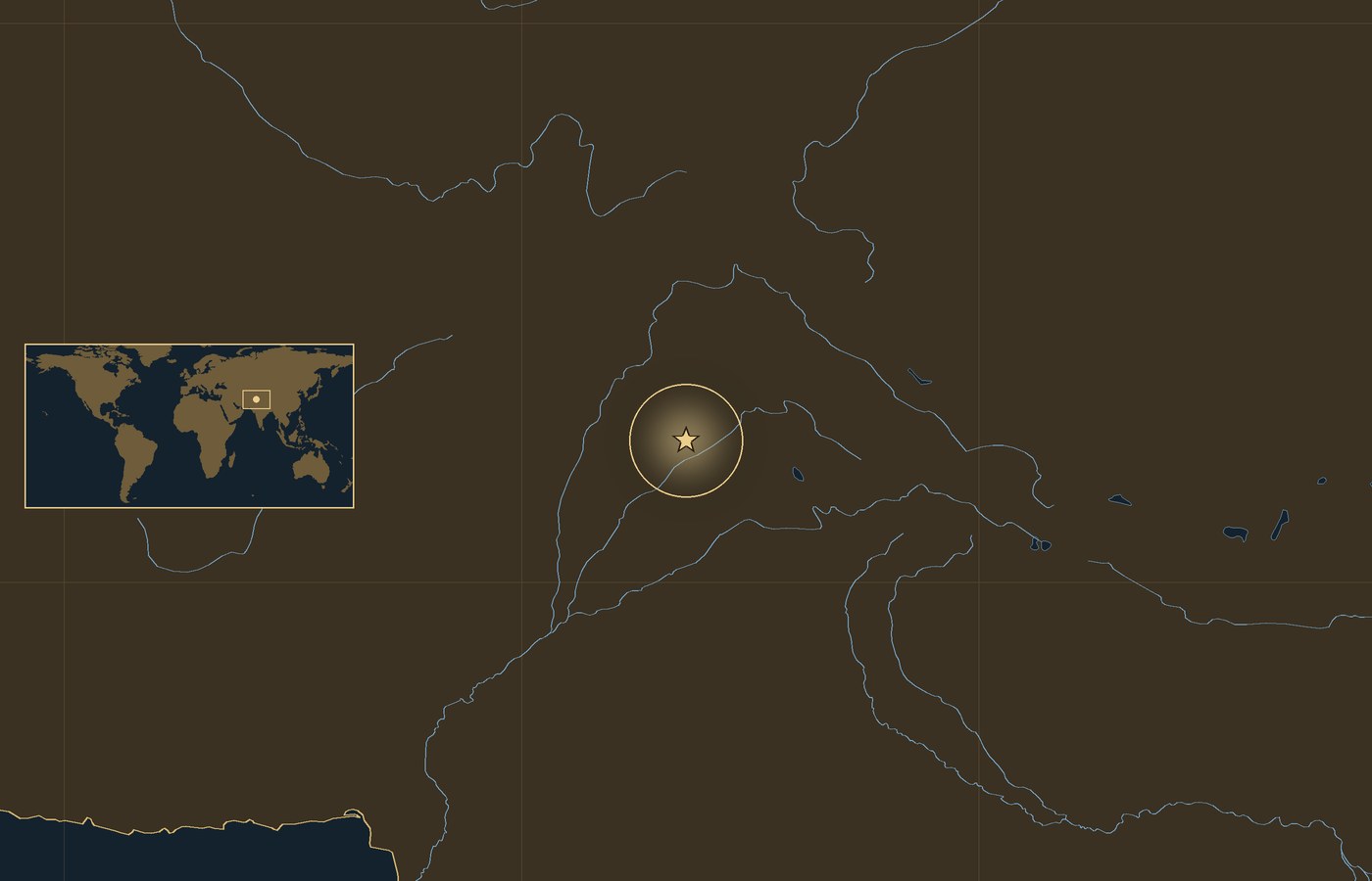 Dark locator map with a gold star in a glowing circle marking the approximate site of Battle of Chillianwala, the coasts, rivers and lakes of the region, and a small world map inset with the area boxed