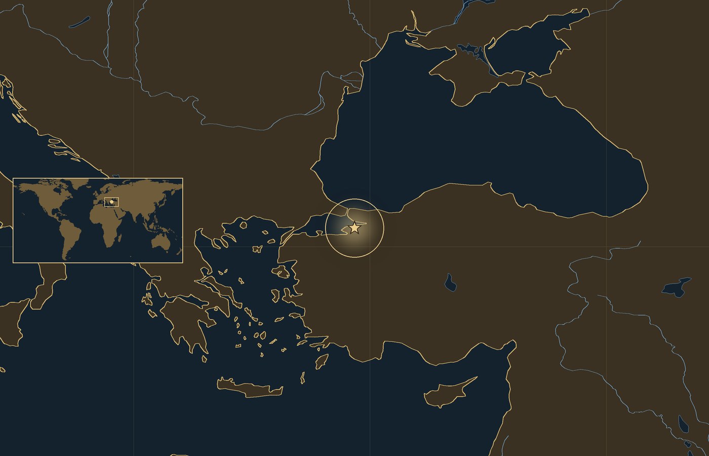 Dark locator map with a gold star in a glowing circle marking the approximate site of Battle of Civetot, the coasts, rivers and lakes of the region, and a small world map inset with the area boxed