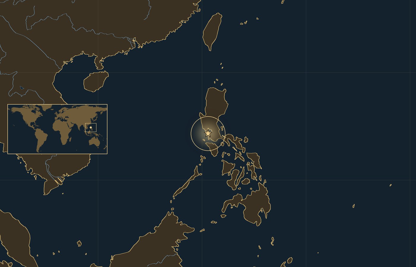 Dark locator map with a gold star in a glowing circle marking the approximate site of Battle of Corregidor, the coasts, rivers and lakes of the region, and a small world map inset with the area boxed