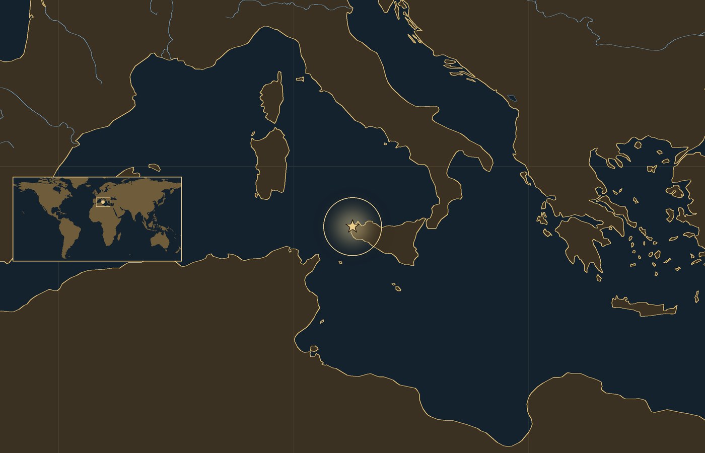 Dark locator map with a gold star in a glowing circle marking the approximate site of Battle of Drepana, the coasts, rivers and lakes of the region, and a small world map inset with the area boxed