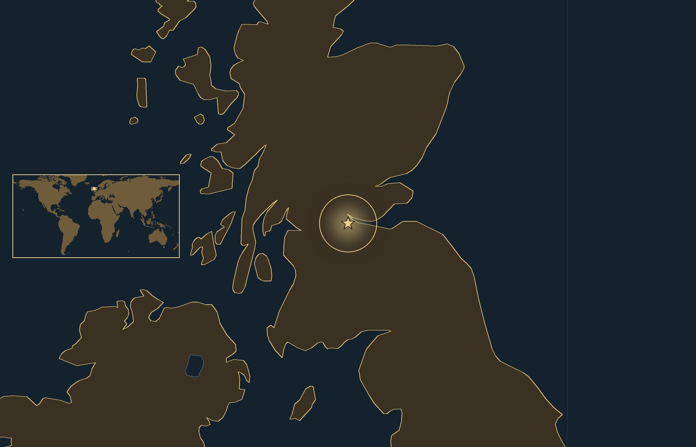 Dark locator map with a gold star in a glowing circle marking the approximate site of Battle of Falkirk, the coasts, rivers and lakes of the region, and a small world map inset with the area boxed