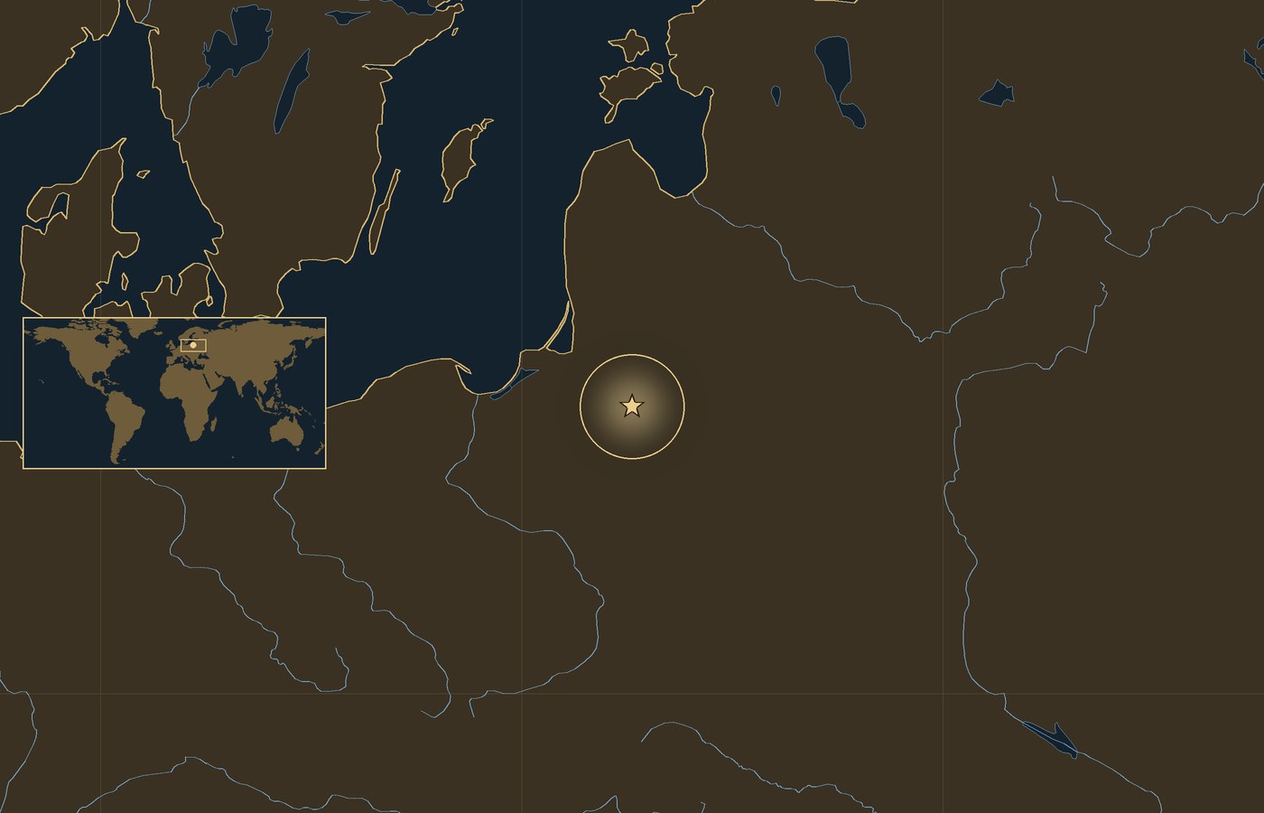 Dark locator map with a gold star in a glowing circle marking the approximate site of Battle of Filipów, the coasts, rivers and lakes of the region, and a small world map inset with the area boxed