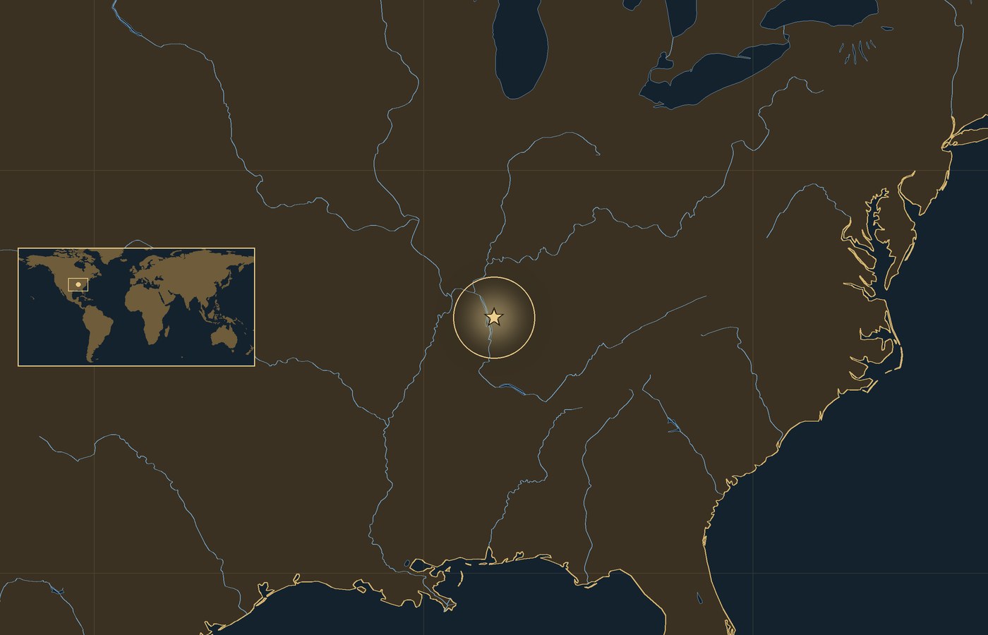 Ciemna mapa lokalizacyjna ze złotą gwiazdką w świecącym kółku, która wskazuje przybliżone miejsce bitwy: Bitwa o Fort Donelson, z wybrzeżami, rzekami i jeziorami regionu oraz małą wkładką z mapą świata, na której zaznaczono ten obszar