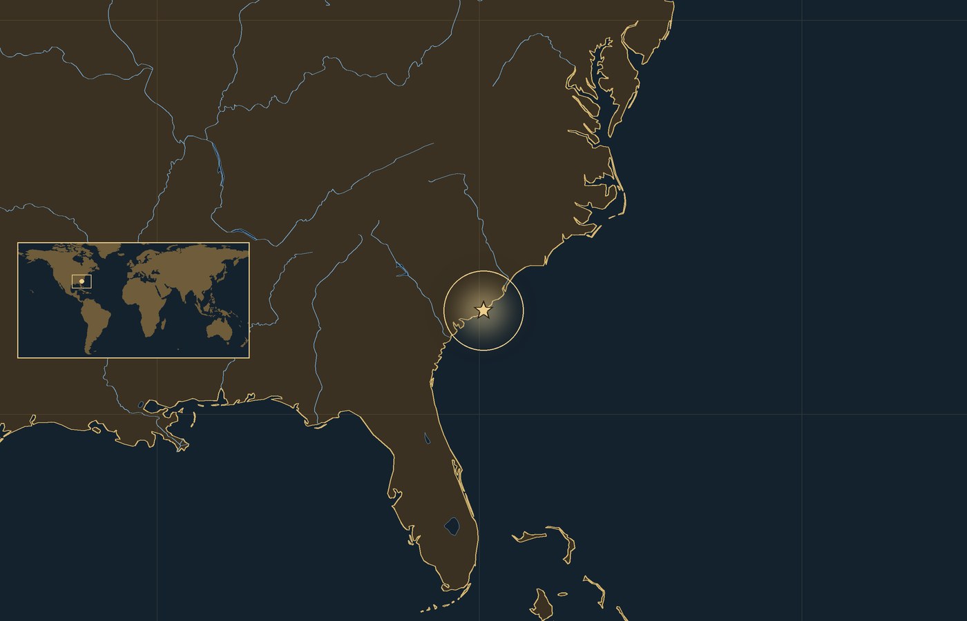 Dark locator map with a gold star in a glowing circle marking the approximate site of Battle of Fort Sumter, the coasts, rivers and lakes of the region, and a small world map inset with the area boxed