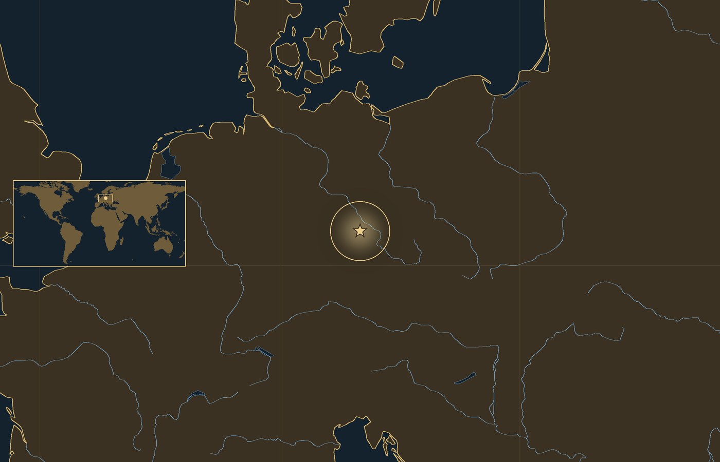 Dark locator map with a gold star in a glowing circle marking the approximate site of Battle of Freiberg, the coasts, rivers and lakes of the region, and a small world map inset with the area boxed