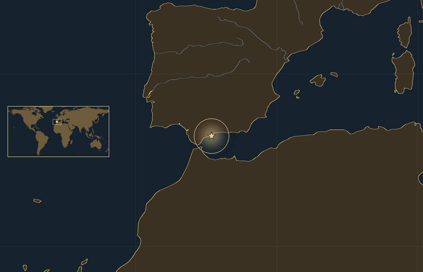 Dark locator map with a gold star in a glowing circle marking the approximate site of Battle of Fuengirola, the coasts, rivers and lakes of the region, and a small world map inset with the area boxed