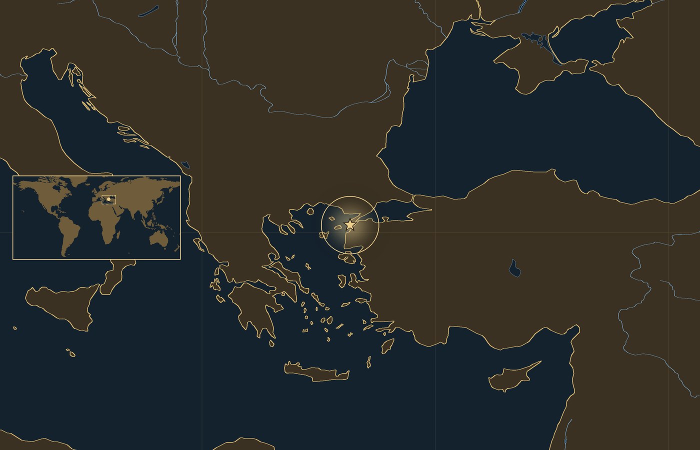 Dark locator map with a gold star in a glowing circle marking the approximate center of the fighting of the Gallipoli Campaign, the coasts, rivers and lakes of the region, and a small world map inset with the area boxed