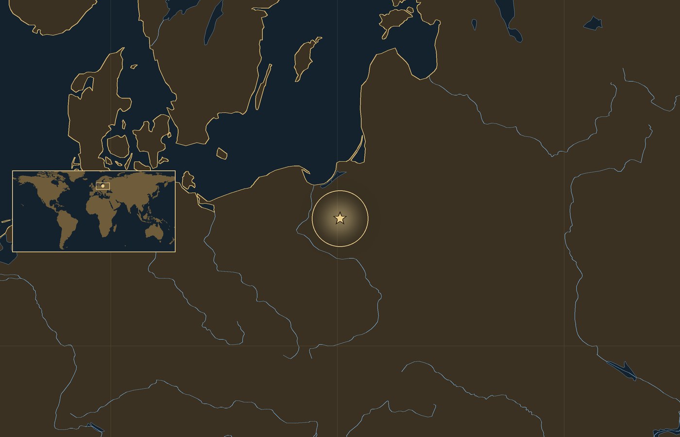 Dark locator map with a gold star in a glowing circle marking the approximate site of the Battle of Grunwald, the coasts, rivers and lakes of the region, and a small world map inset with the area boxed