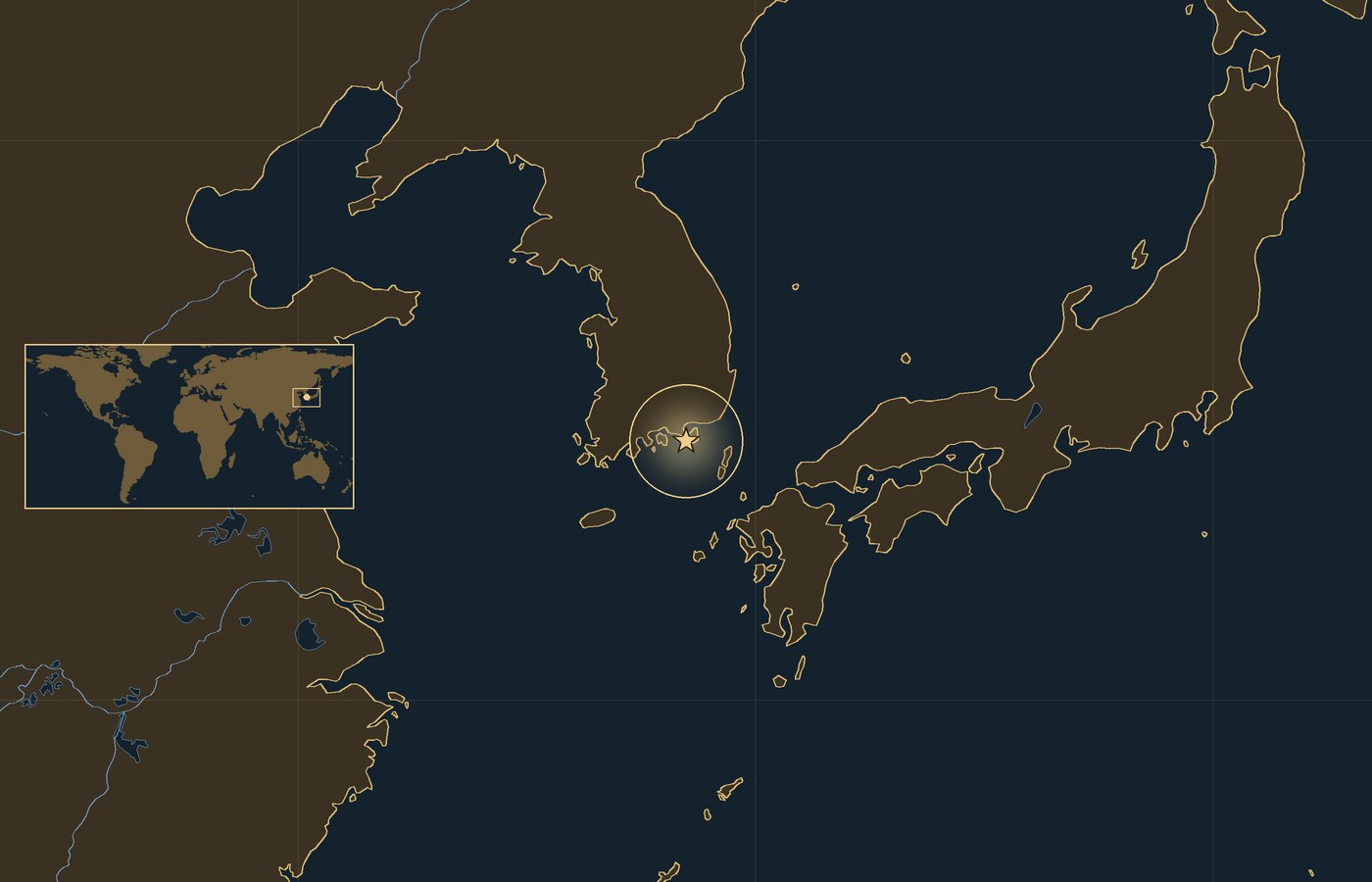 Dark locator map with a gold star in a glowing circle marking the approximate site of Battle of Hansan Island, the coasts, rivers and lakes of the region, and a small world map inset with the area boxed