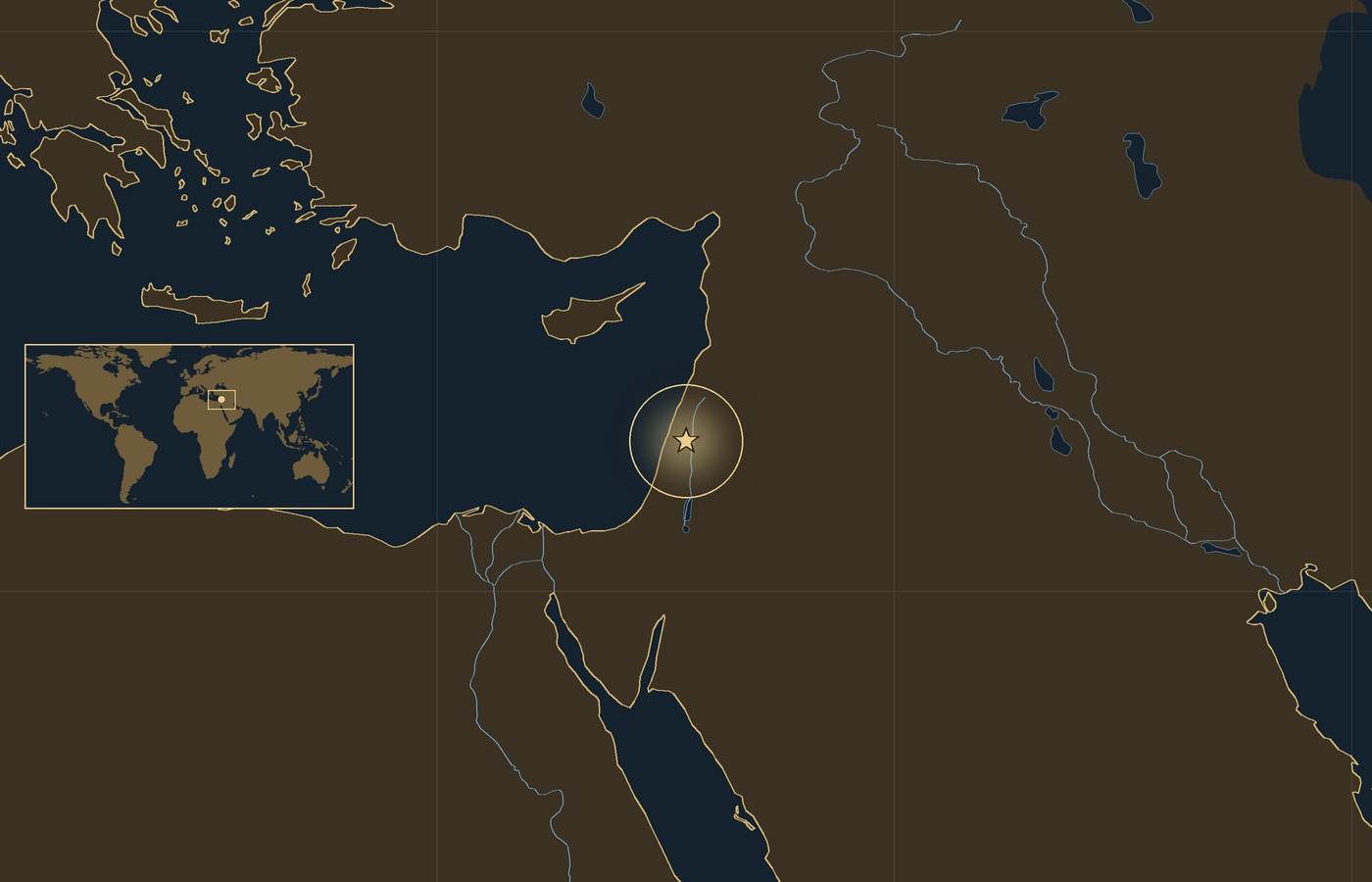 Dark locator map with a gold star in a glowing circle marking the approximate site of the Battle of Hattin, the coasts, rivers and lakes of the region, and a small world map inset with the area boxed