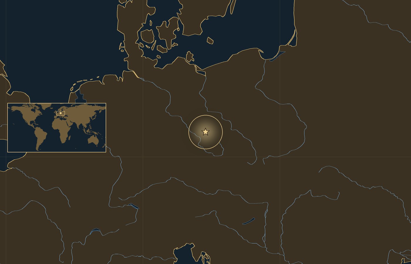 Dark locator map with a gold star in a glowing circle marking the approximate site of Battle of Hochkirch, the coasts, rivers and lakes of the region, and a small world map inset with the area boxed