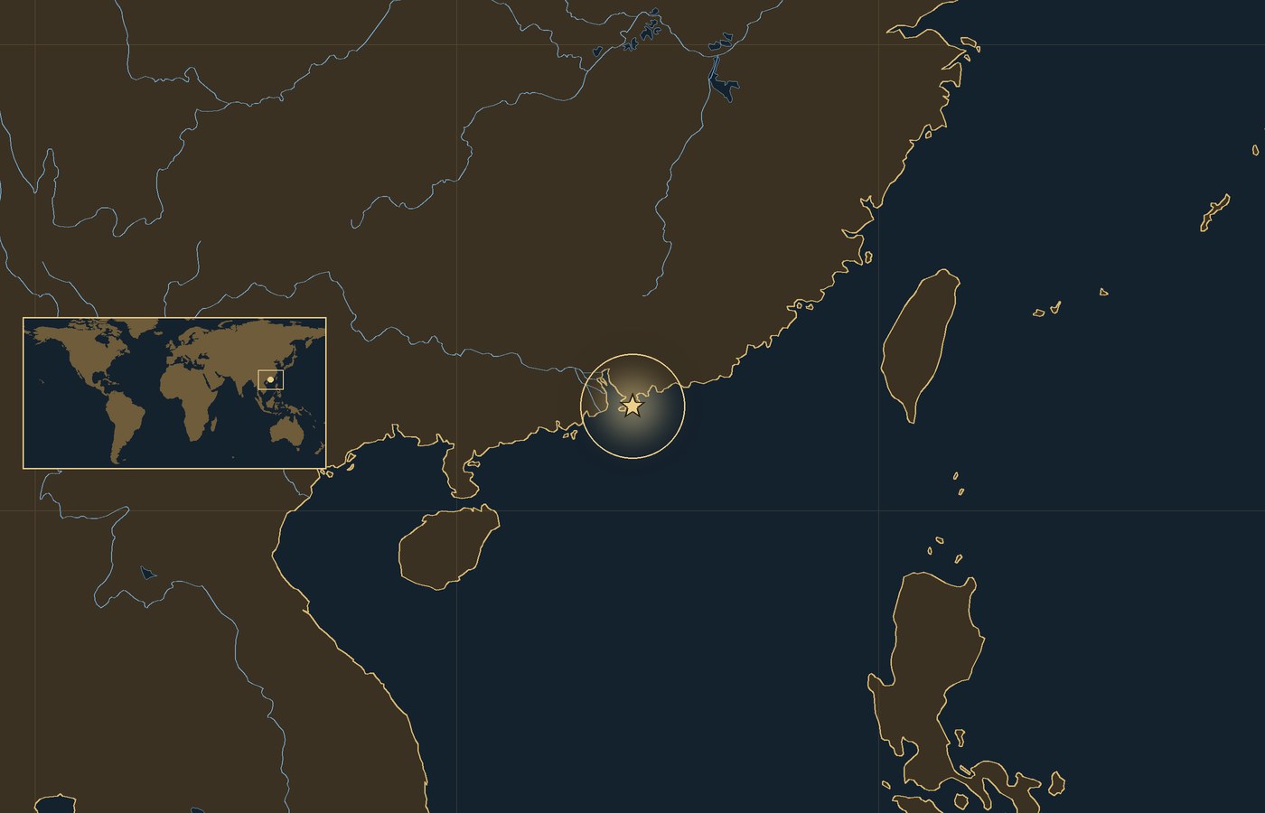 Dark locator map with a gold star in a glowing circle marking the approximate site of Battle of Hong Kong, the coasts, rivers and lakes of the region, and a small world map inset with the area boxed