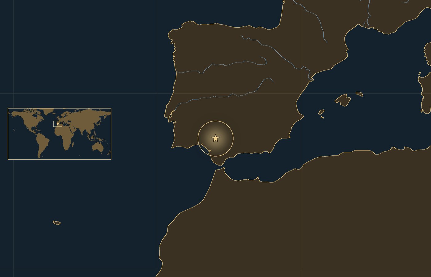 Dark locator map with a gold star in a glowing circle marking the approximate site of Battle of Ilipa, the coasts, rivers and lakes of the region, and a small world map inset with the area boxed