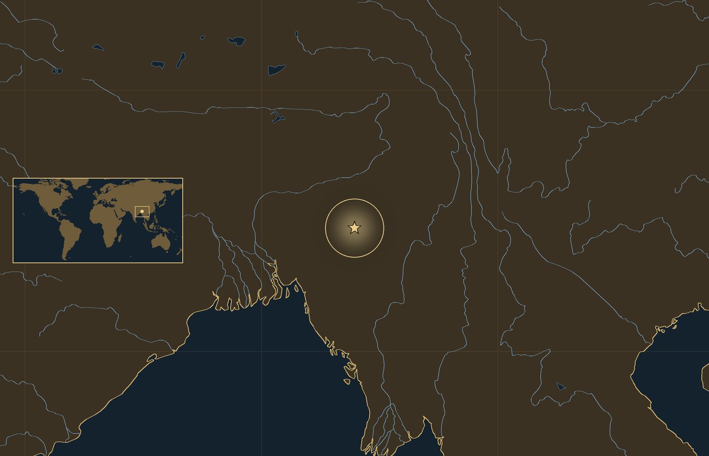 Dark locator map with a gold star in a glowing circle marking the approximate center of the fighting of Battle of Imphal, the coasts, rivers and lakes of the region, and a small world map inset with the area boxed