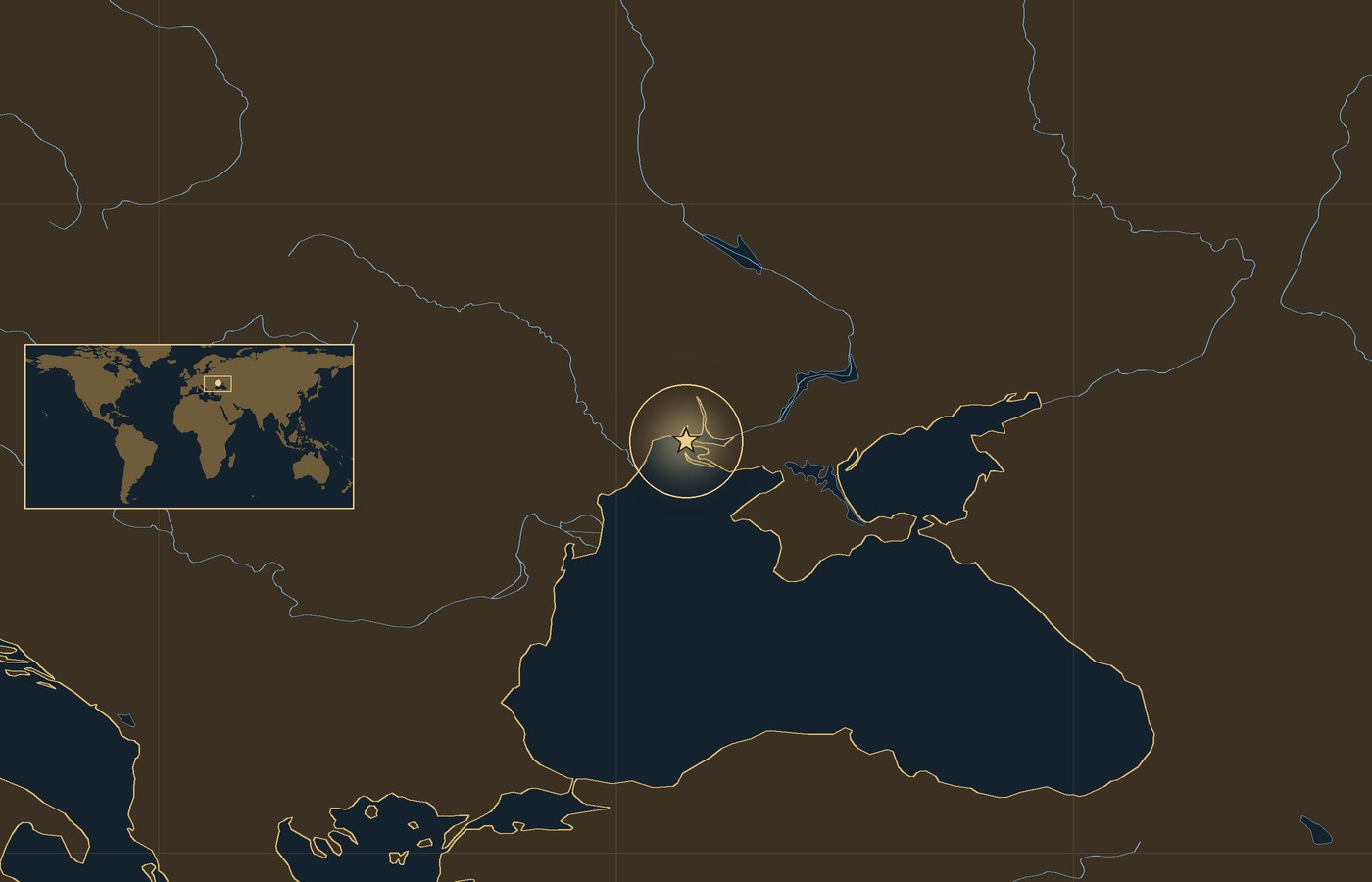 Dark locator map with a gold star in a glowing circle marking the approximate site of Battle of Kinburn, the coasts, rivers and lakes of the region, and a small world map inset with the area boxed