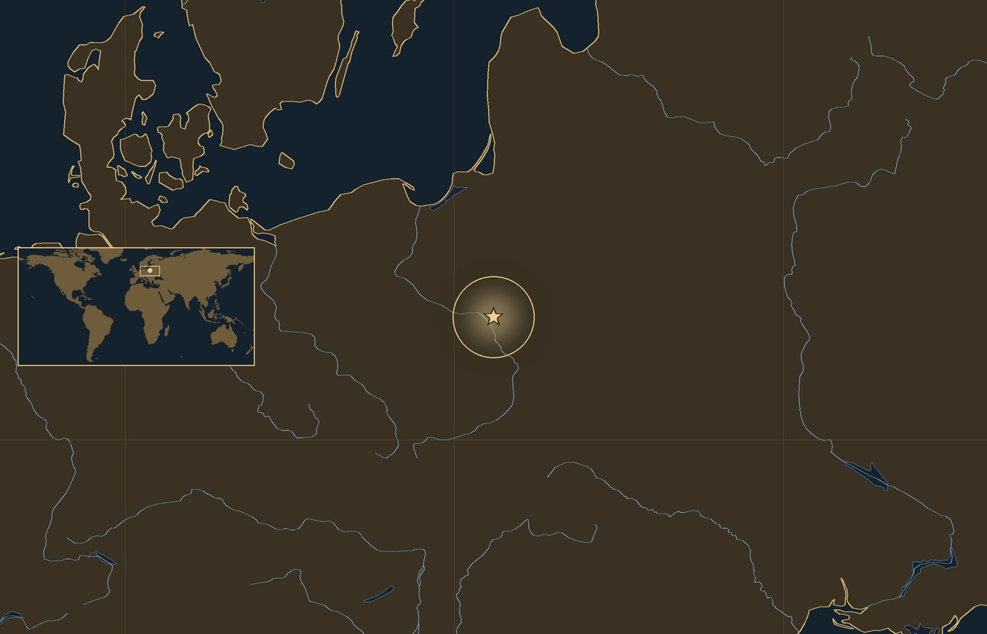 Dark locator map with a gold star in a glowing circle marking the approximate site of Battle of Kobyłka, the coasts, rivers and lakes of the region, and a small world map inset with the area boxed