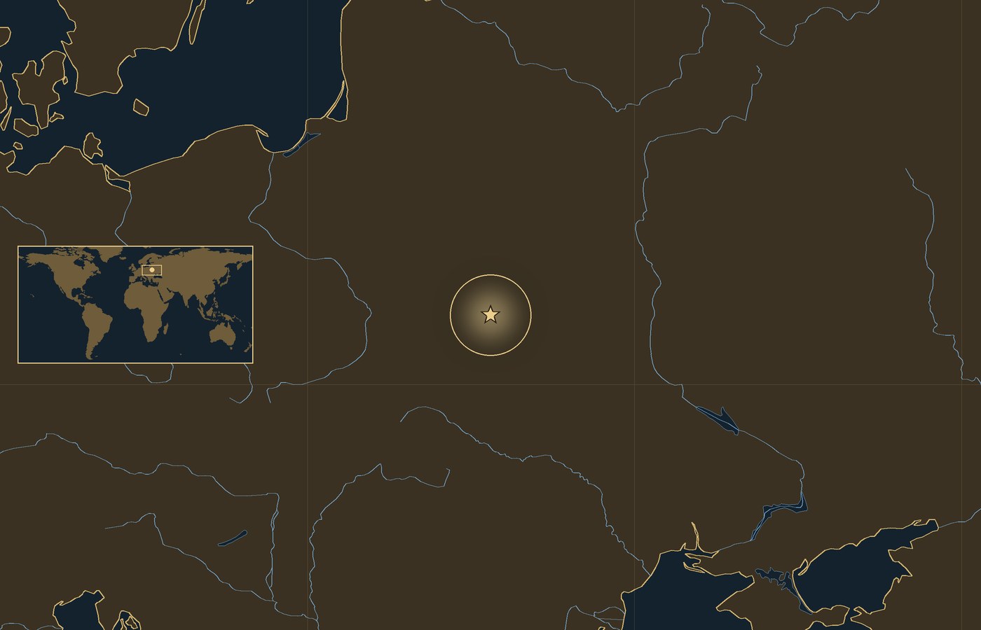 Dark locator map with a gold star in a glowing circle marking the approximate site of the Battle of Kostiuchnówka, the coasts, rivers and seas of eastern Europe, and a small world map inset with the area boxed