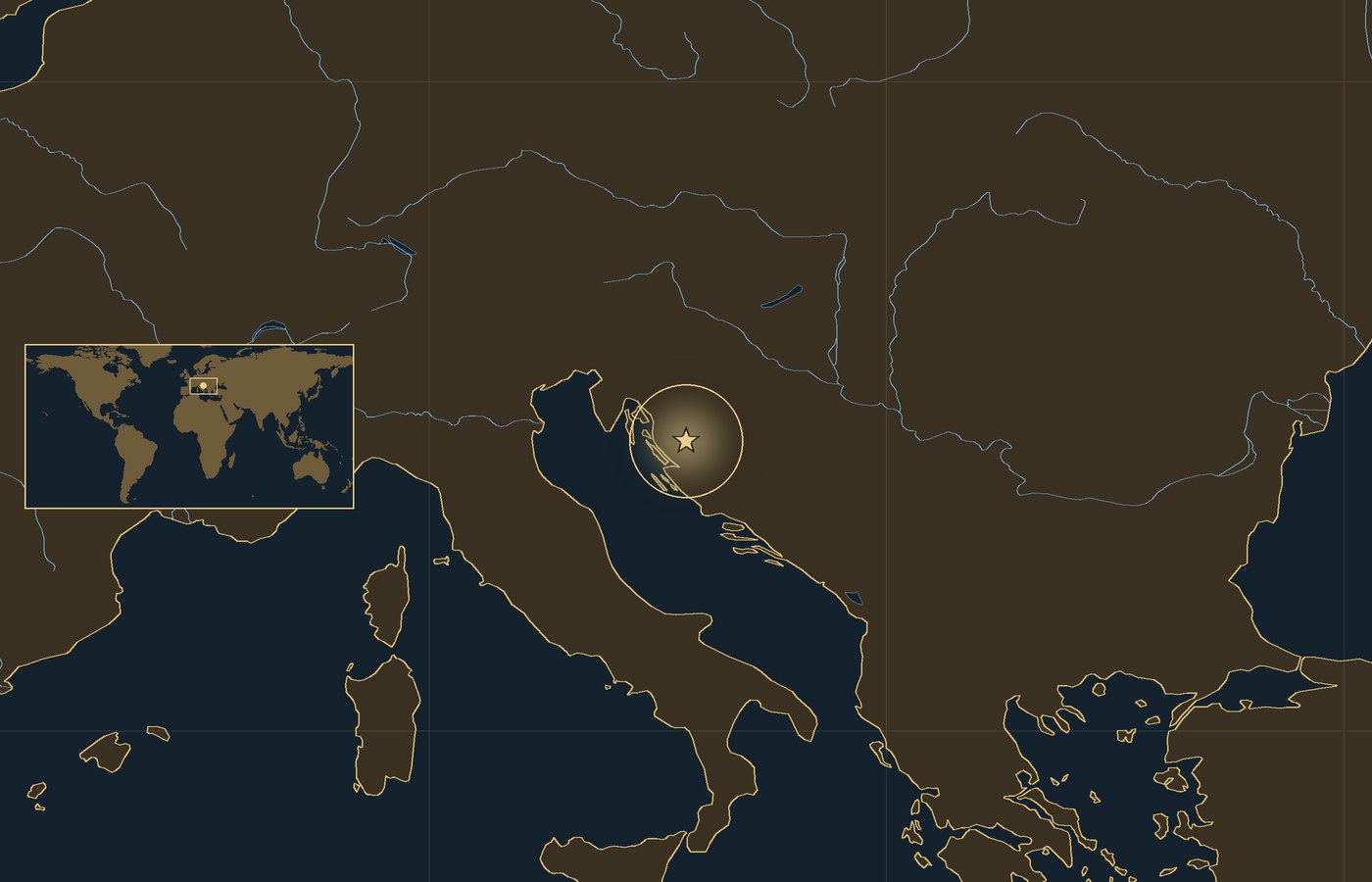 Dark locator map with a gold star in a glowing circle marking the approximate site of Battle of Krbava Field, the coasts, rivers and lakes of the region, and a small world map inset with the area boxed