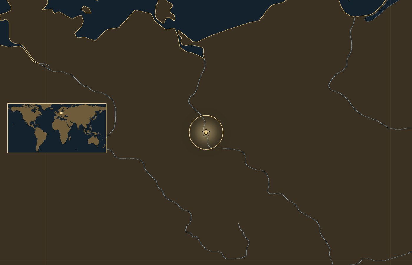 Dark locator map with a gold star in a glowing circle marking the approximate site of Battle of Kunersdorf, the coasts, rivers and lakes of the region, and a small world map inset with the area boxed