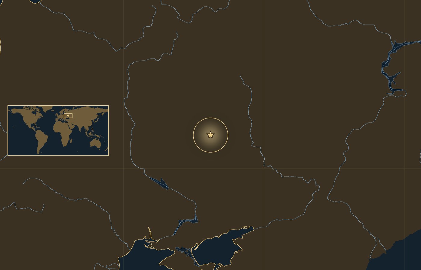 Dark locator map with a gold star in a glowing circle marking the approximate center of the fighting of the Battle of Kursk, the coasts, rivers and lakes of the region, and a small world map inset with the area boxed
