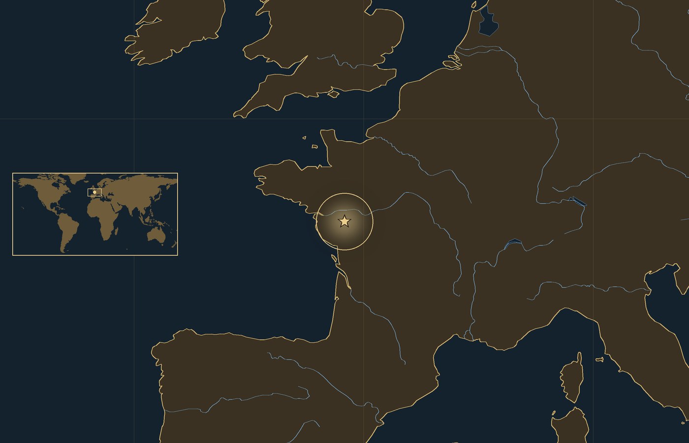 Dark locator map with a gold star in a glowing circle marking the approximate site of Battle of La Tremblaye, the coasts, rivers and lakes of the region, and a small world map inset with the area boxed