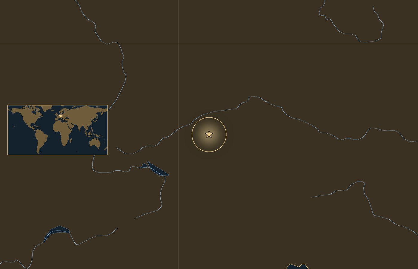 Dark locator map with a gold star in a glowing circle marking the approximate site of Battle of Lechfeld, the coasts, rivers and lakes of the region, and a small world map inset with the area boxed