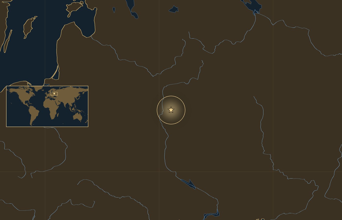 Dark locator map with a gold star in a glowing circle marking the approximate site of Battle of Lesnaya, the coasts, rivers and lakes of the region, and a small world map inset with the area boxed