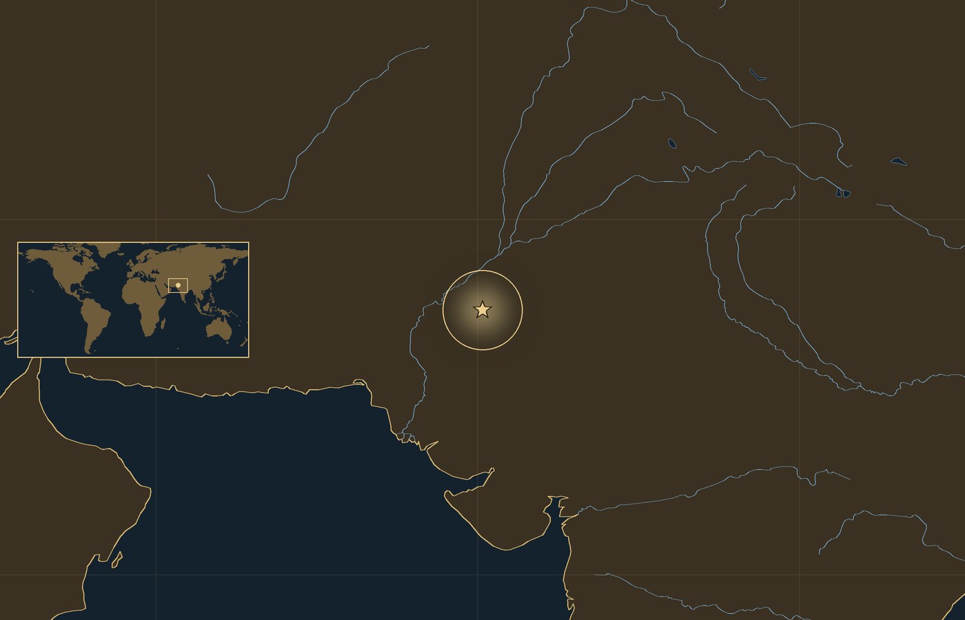 Dark locator map with a gold star in a glowing circle marking the approximate site of Battle of Longewala, the coasts, rivers and lakes of the region, and a small world map inset with the area boxed