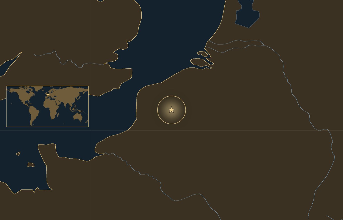 Dark locator map with a gold star in a glowing circle marking the approximate site of Battle of Loos, the coasts, rivers and lakes of the region, and a small world map inset with the area boxed