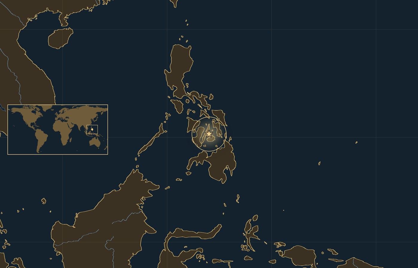 Dark locator map with a gold star in a glowing circle marking the approximate site of Battle of Mactan, the coasts, rivers and lakes of the region, and a small world map inset with the area boxed