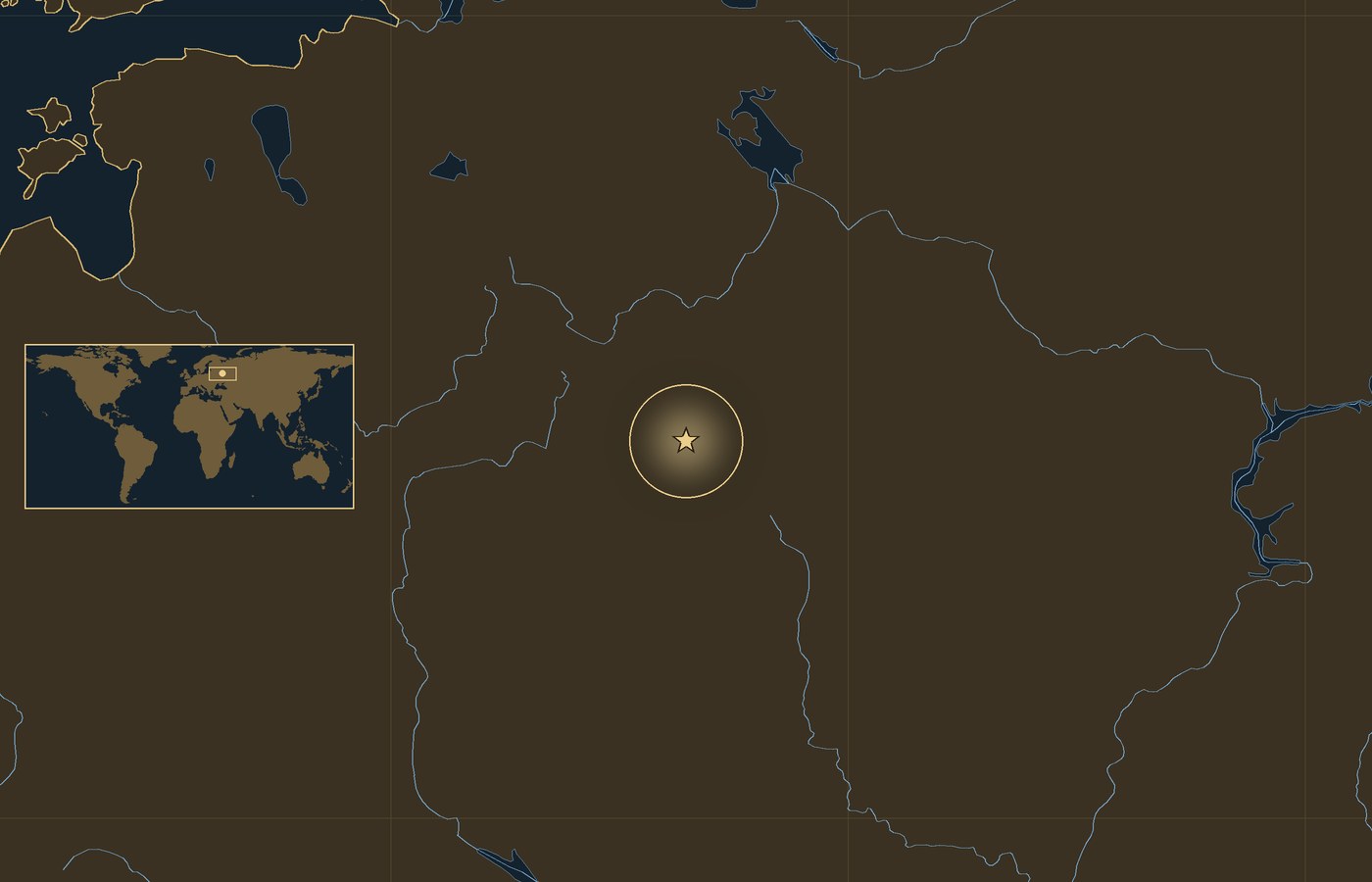 Dark locator map with a gold star in a glowing circle marking the approximate site of Battle of Maloyaroslavets, the coasts, rivers and lakes of the region, and a small world map inset with the area boxed