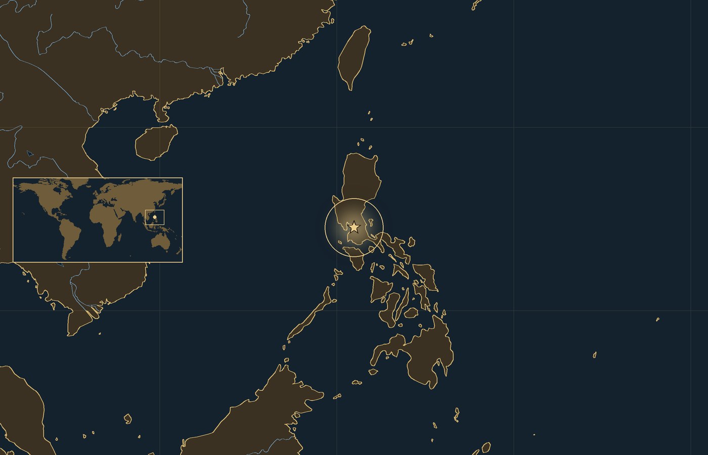 Dark locator map with a gold star in a glowing circle marking the approximate center of the fighting of Battle of Manila, the coasts, rivers and lakes of the region, and a small world map inset with the area boxed