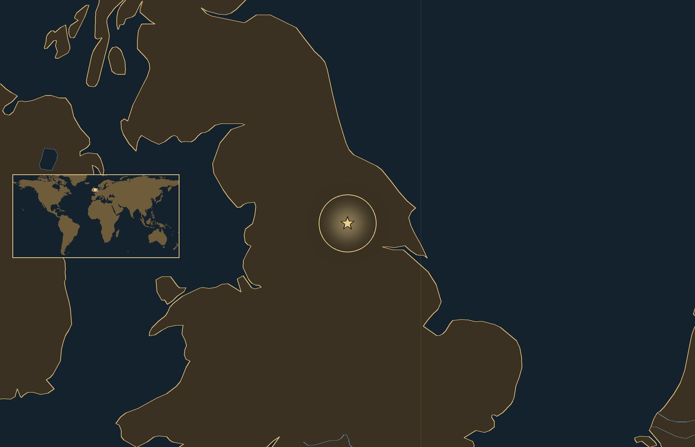 Dark locator map with a gold star in a glowing circle marking the approximate site of Battle of Marston Moor, the coasts, rivers and lakes of the region, and a small world map inset with the area boxed