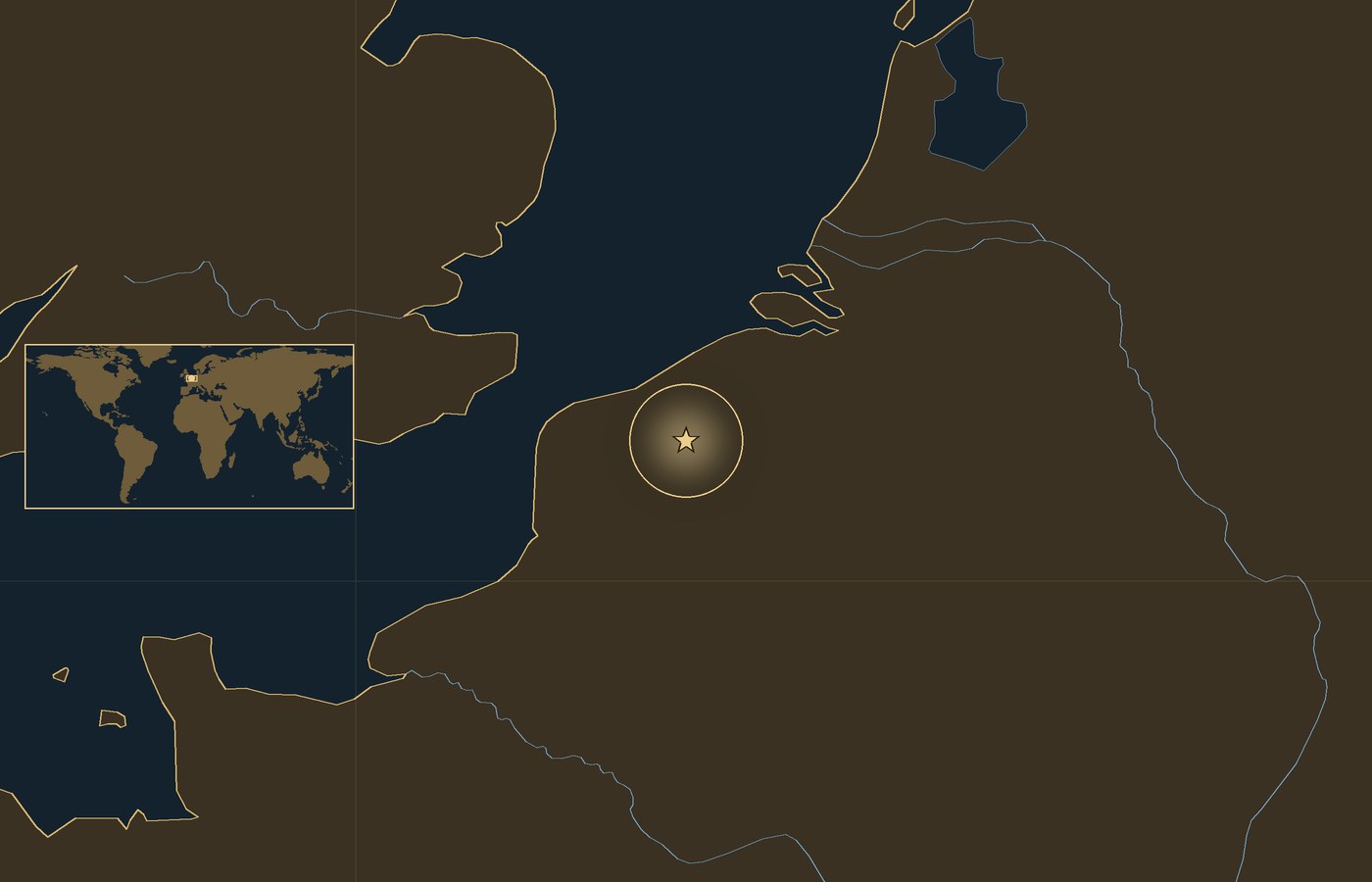 Dark locator map with a gold star in a glowing circle marking the approximate center of the fighting of Battle of Messines, the coasts, rivers and lakes of the region, and a small world map inset with the area boxed
