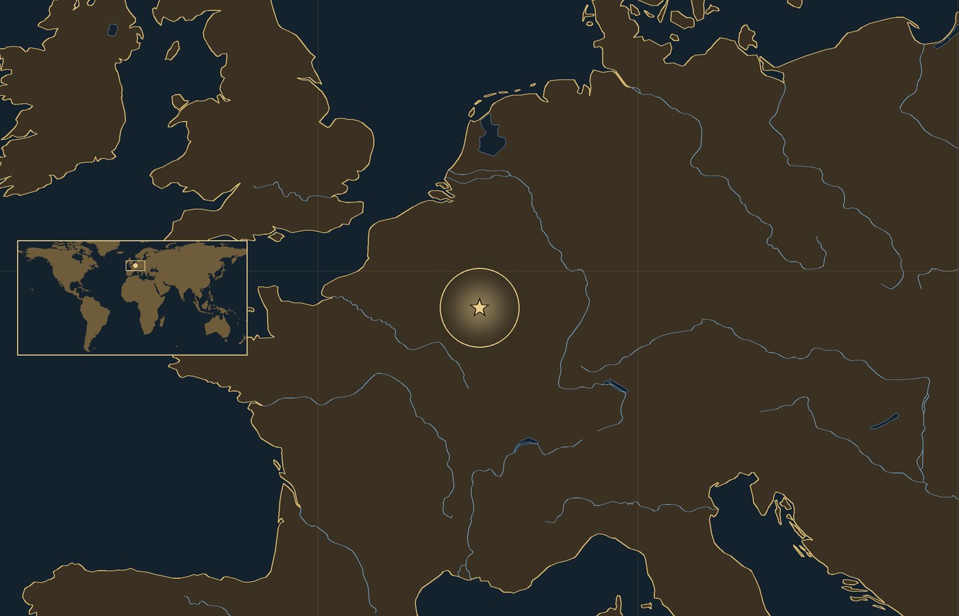 Ciemna mapa lokalizacyjna ze złotą gwiazdką w świecącym kółku, która wskazuje przybliżone miejsce bitwy: Ofensywa Meuse-Argonne, z wybrzeżami, rzekami i jeziorami regionu oraz małą wkładką z mapą świata, na której zaznaczono ten obszar