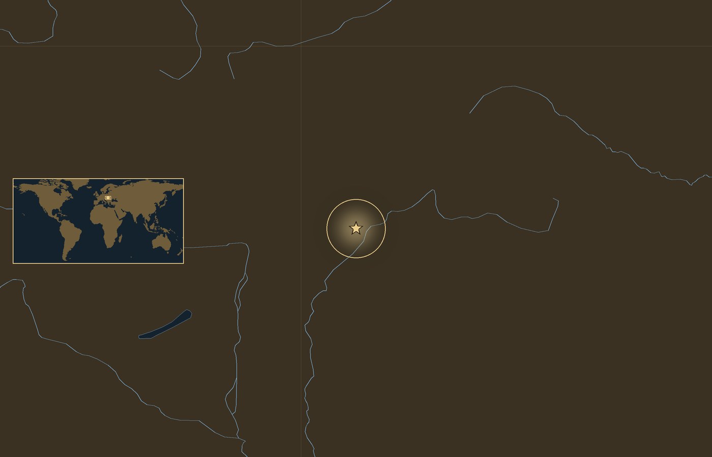 Dark locator map with a gold star in a glowing circle marking the approximate site of The Battle of Mohi, the coasts, rivers and lakes of the region, and a small world map inset with the area boxed
