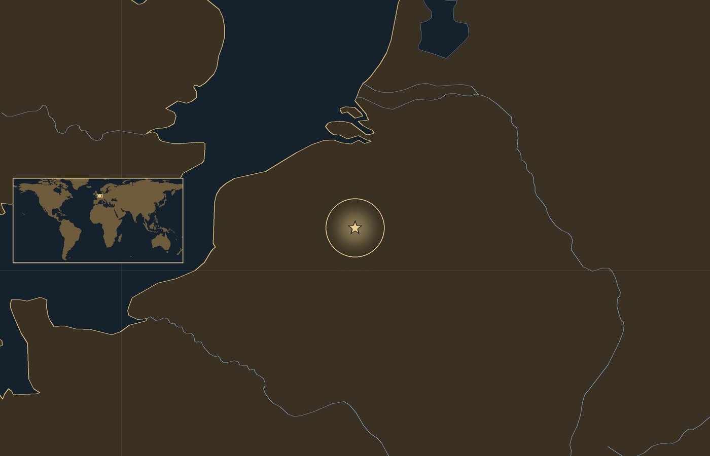 Ciemna mapa lokalizacyjna ze złotą gwiazdką w świecącym kółku, która wskazuje przybliżone miejsce bitwy: Bitwa pod Mons, z wybrzeżami, rzekami i jeziorami regionu oraz małą wkładką z mapą świata, na której zaznaczono ten obszar