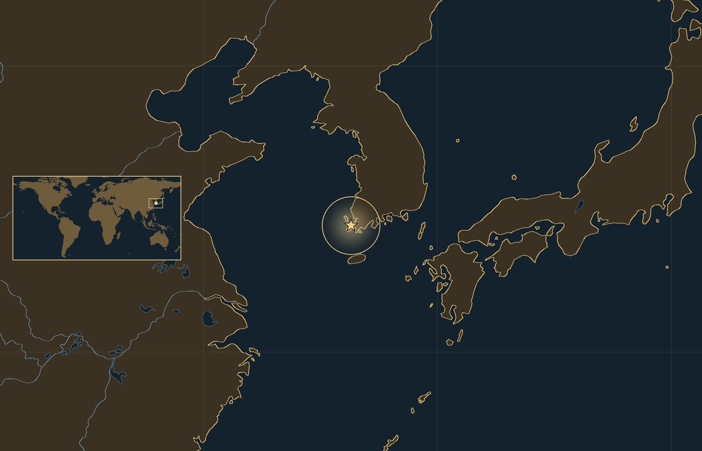 Dark locator map with a gold star in a glowing circle marking the approximate site of Battle of Myeongnyang, the coasts, rivers and lakes of the region, and a small world map inset with the area boxed